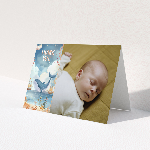 Baby thank you card with whale illustration and one photo of a sleeping baby