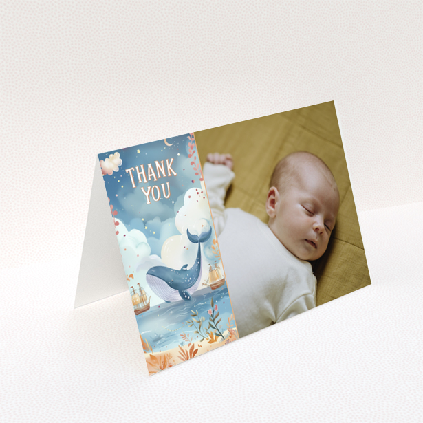 Baby thank you card with whale illustration and one photo of a sleeping baby