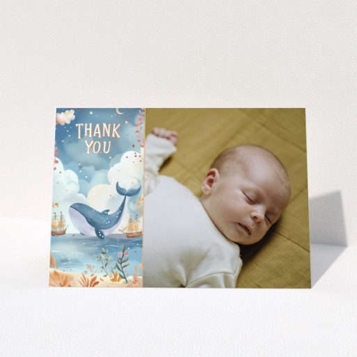 Baby thank you card with whale illustration and one photo of a sleeping baby