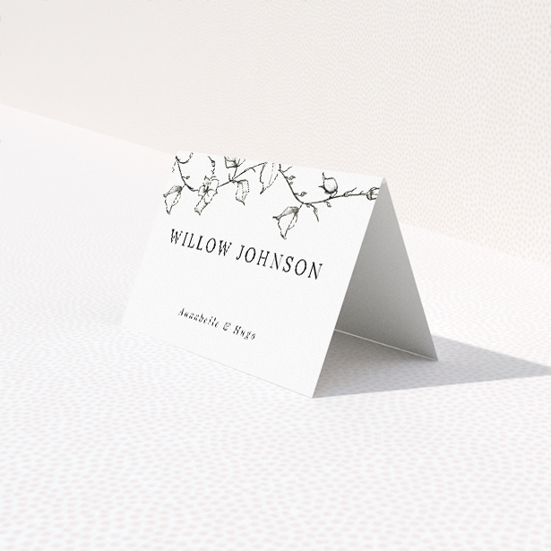 Whispering Vines place cards featuring delicate vine illustrations in a monochromatic palette. This is a third view of the front
