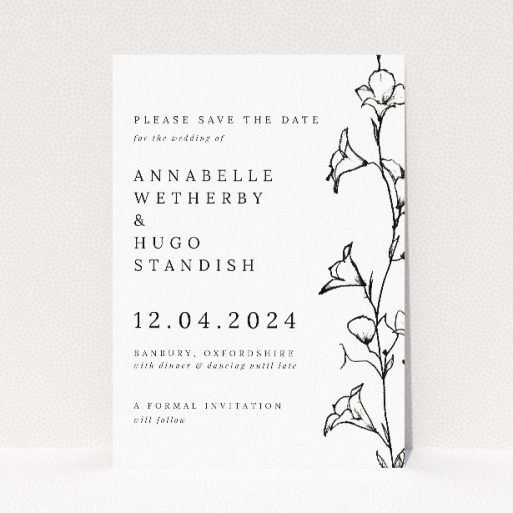Whispering Vines A6 Save the Date Card - Elegant wedding stationery featuring sketched vine of bell-shaped flowers symbolizing growth and new beginnings. This is a view of the front