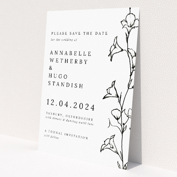 Whispering Vines A6 Save the Date Card - Elegant wedding stationery featuring sketched vine of bell-shaped flowers symbolizing growth and new beginnings. This is a view of the back