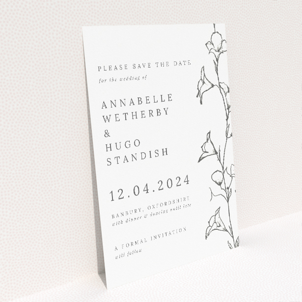 Whispering Vines A6 Save the Date Card - Elegant wedding stationery featuring sketched vine of bell-shaped flowers symbolizing growth and new beginnings. This is a view of the back