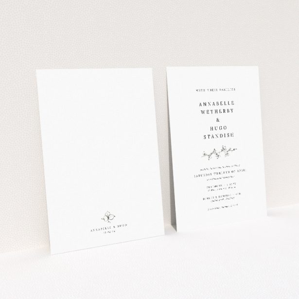 Bespoke A5 wedding invitation featuring delicate vine illustration in a monochromatic palette, exuding understated elegance and contemporary spirit This image shows the front and back sides together