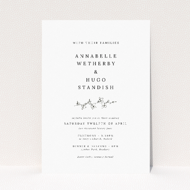 Bespoke A5 wedding invitation featuring delicate vine illustration in a monochromatic palette, exuding understated elegance and contemporary spirit This is a view of the front