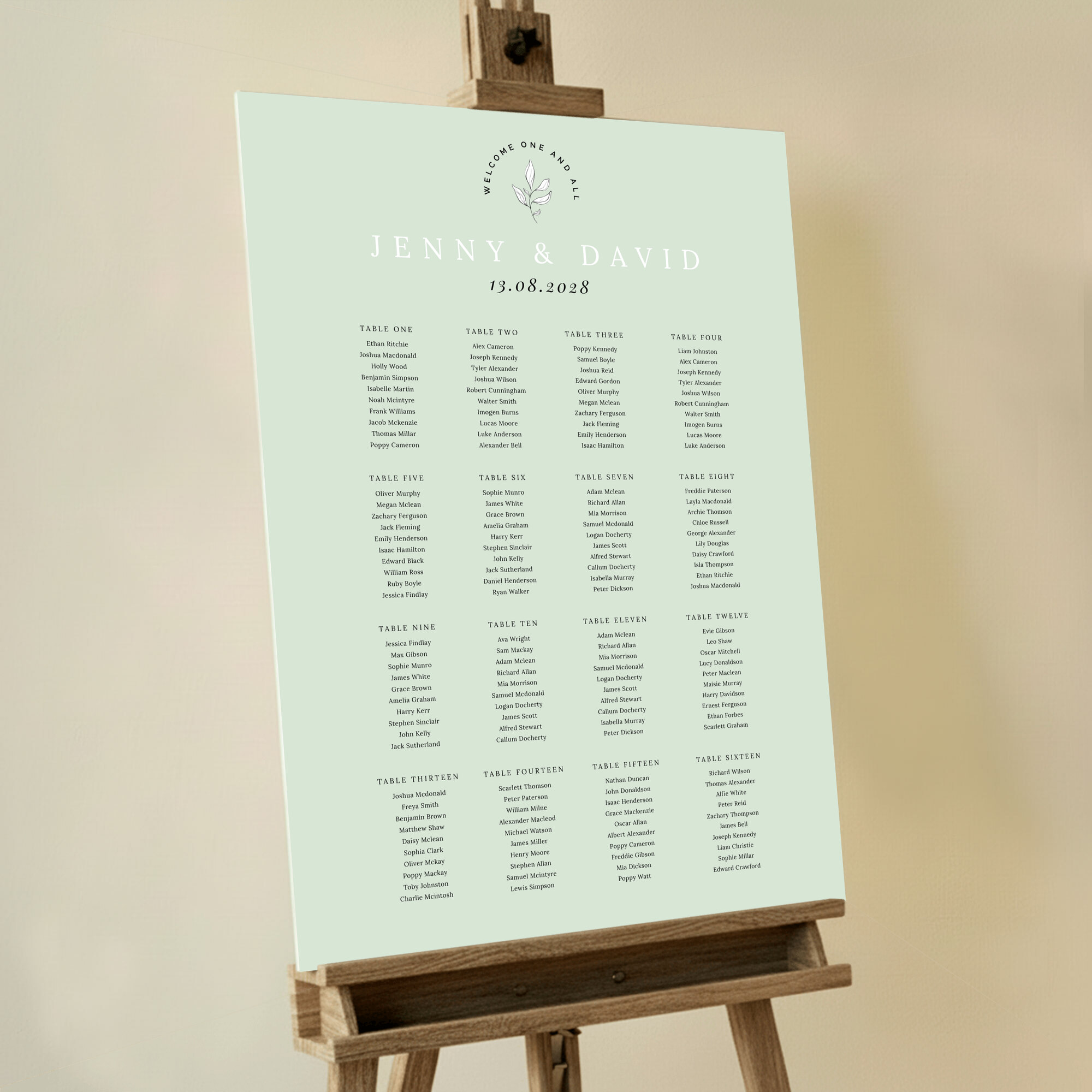 Seating plan design with a beautiful white botanical element at the top and the text 'Welcome one and all' surrounding it.. This design has 16 tables.