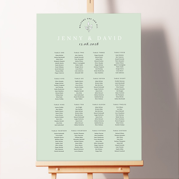 Seating plan design with a beautiful white botanical element at the top and the text "Welcome one and all" surrounding it.. This design has 16 tables.