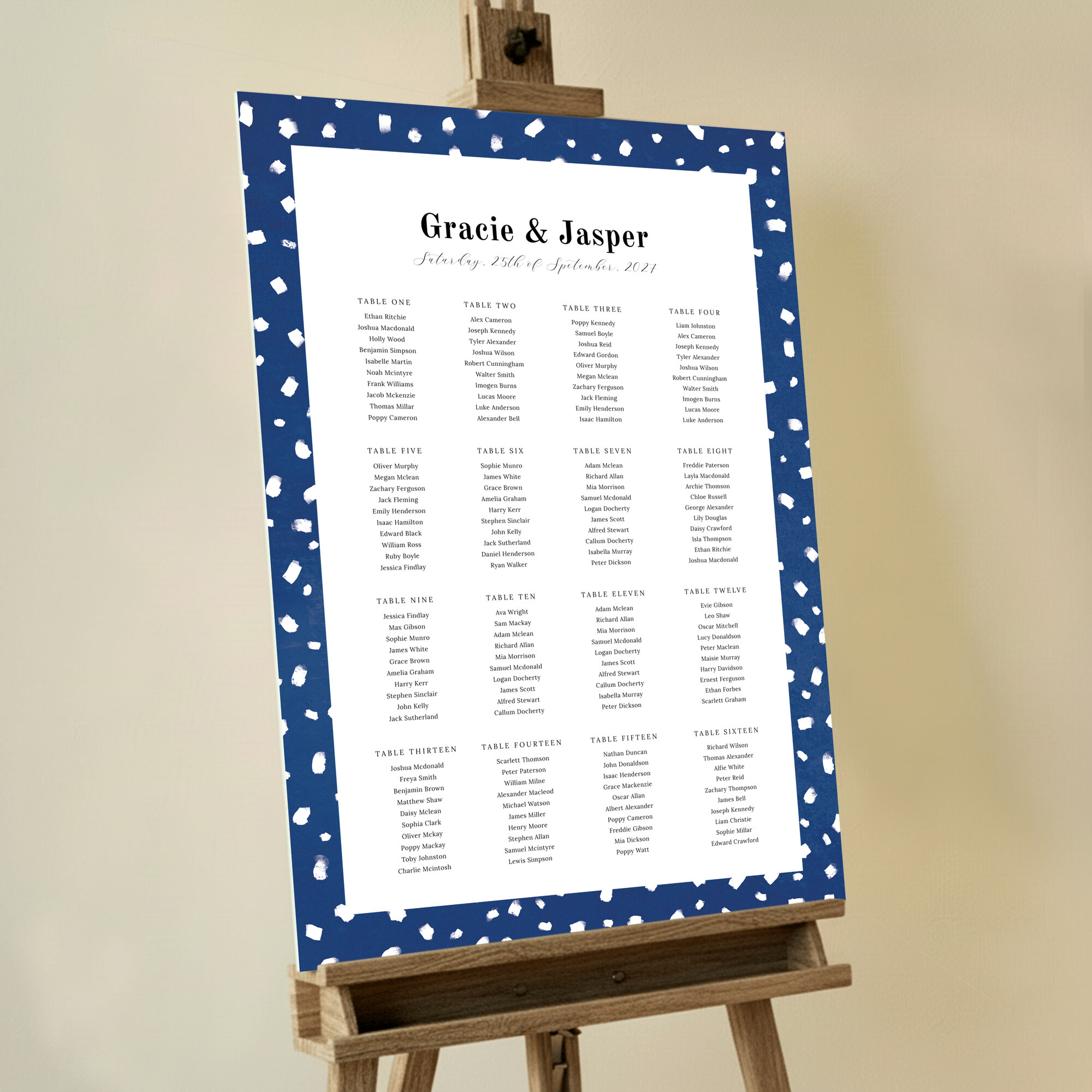 Contemporary 'White Dots' Seating Plan design featuring white paint daubs on a dark blue background, creating a modern and sophisticated look for your event.. This template has 16 tables.