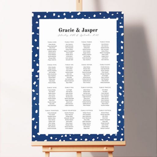Contemporary "White Dots" Seating Plan design featuring white paint daubs on a dark blue background, creating a modern and sophisticated look for your event.. This template has 16 tables.