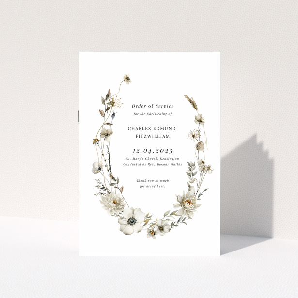 Floral christening order of service program with beige and white flowers, single photo design.