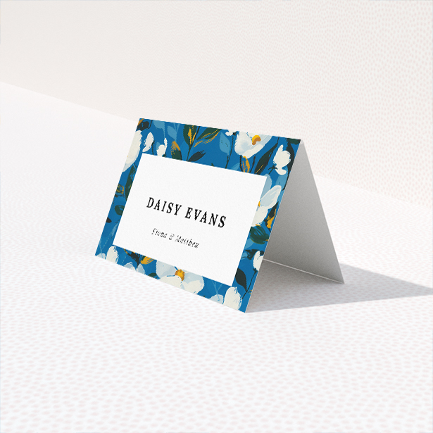 White Flower Blues place cards featuring a striking border of white flowers against a deep blue backdrop. This is a third view of the front