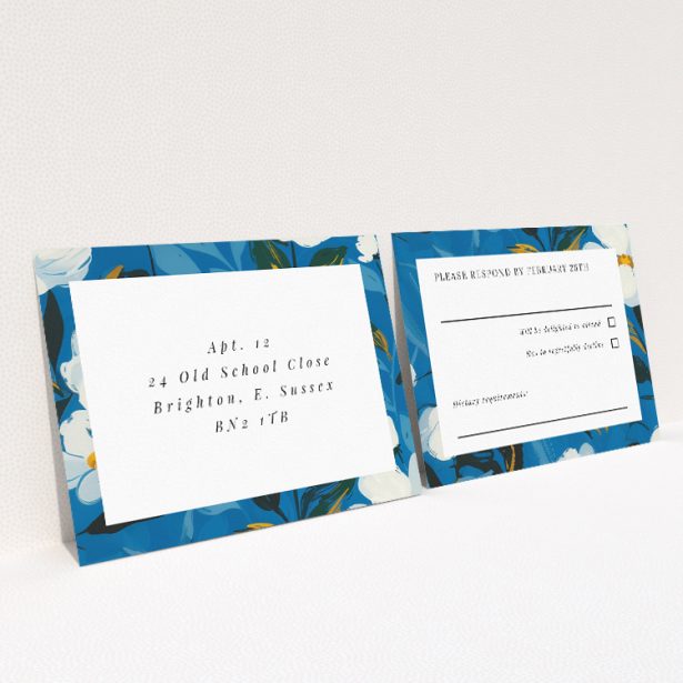 White Flower Blues RSVP Card Template - Elegant Wedding Stationery. This is a view of the back
