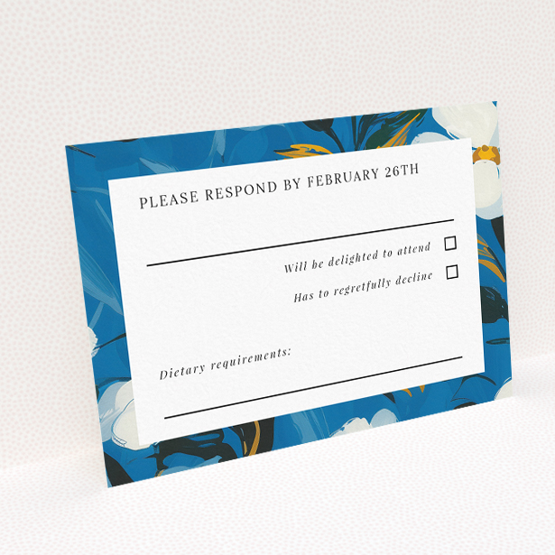 White Flower Blues RSVP Card Template - Elegant Wedding Stationery. This is a view of the back