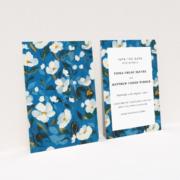 White Flower Blues Save the Date card - A6 portrait-oriented design with white blossoms on deep blue background. This is a view of the back