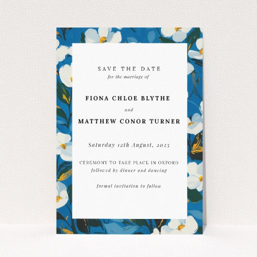 White Flower Blues Save the Date card - A6 portrait-oriented design with white blossoms on deep blue background. This is a view of the front