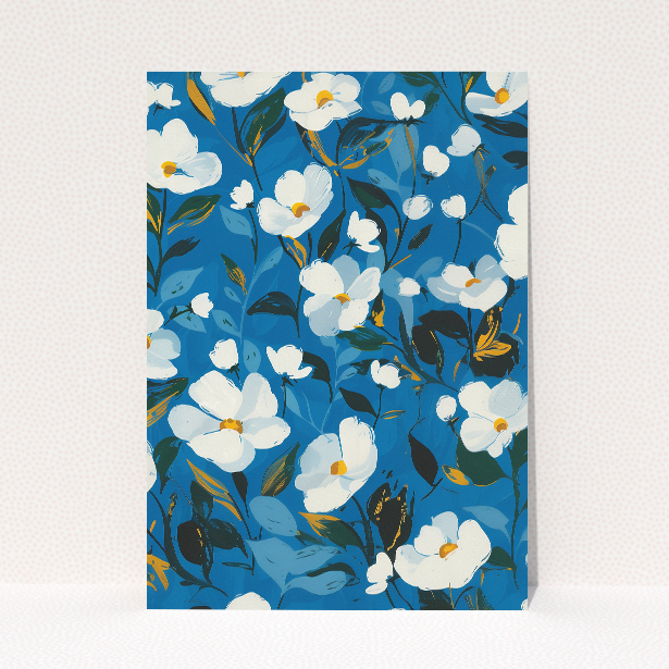 White Flower Blues Save the Date card - A6 portrait-oriented design with white blossoms on deep blue background. This is a view of the back