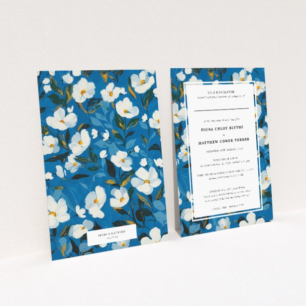 White Flower Blues Wedding Invitation - Classic Elegance with Modern Twist. This image shows the front and back sides together