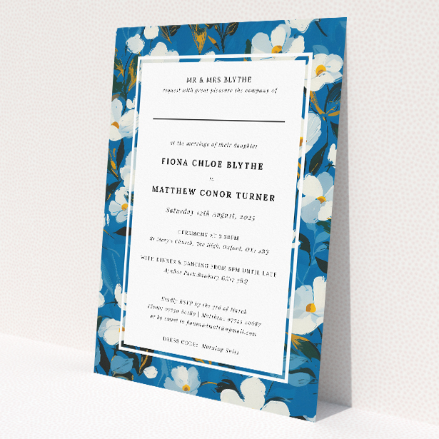 White Flower Blues Wedding Invitation - Classic Elegance with Modern Twist. This image shows the front and back sides together