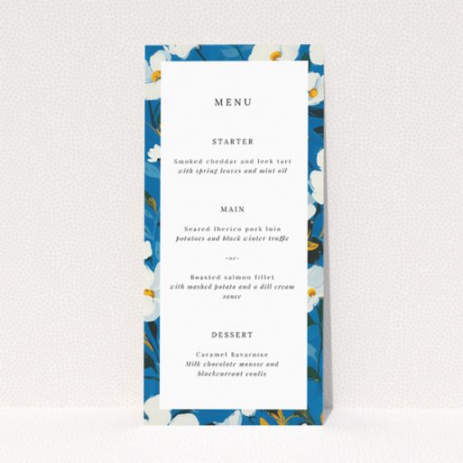 White Flower Blues wedding menu template showcasing classic elegance with a modern touch, featuring striking white flowers against a deep blue backdrop symbolizing trust and tranquility This is a view of the front