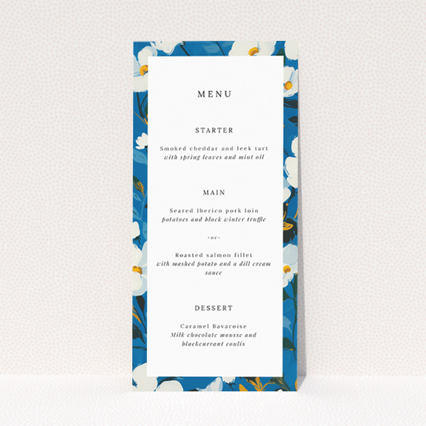 White Flower Blues wedding menu template showcasing classic elegance with a modern touch, featuring striking white flowers against a deep blue backdrop symbolizing trust and tranquility This is a view of the front