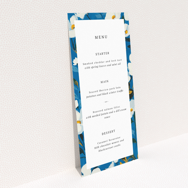 White Flower Blues wedding menu template showcasing classic elegance with a modern touch, featuring striking white flowers against a deep blue backdrop symbolizing trust and tranquility This is a view of the back