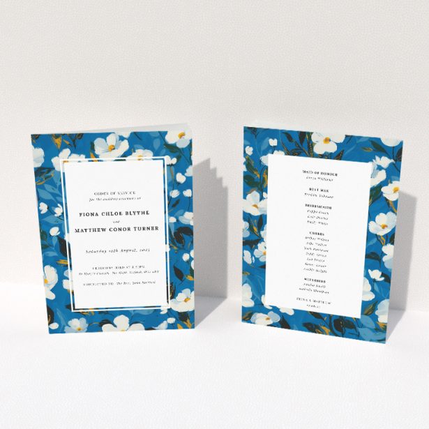 Utterly Printable White Flower Blues Wedding Order of Service A5 Booklet Template. This image shows the front and back sides together