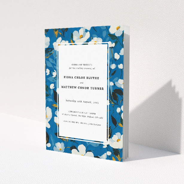Utterly Printable White Flower Blues Wedding Order of Service A5 Booklet Template. This image shows the front and back sides together