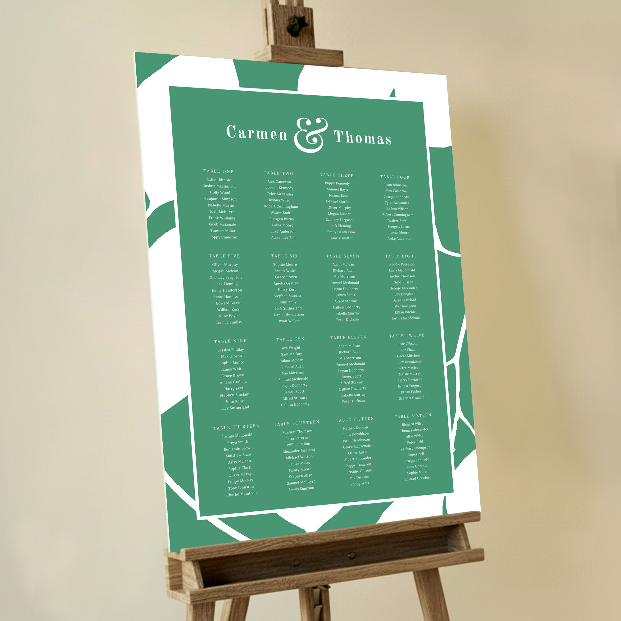 Striking 'White on Green' Seating Plan design featuring white flower petals and branches casting a shadow on a vibrant green background, adding a fresh and lively energy to your event.. This template is formatted for 16 tables.