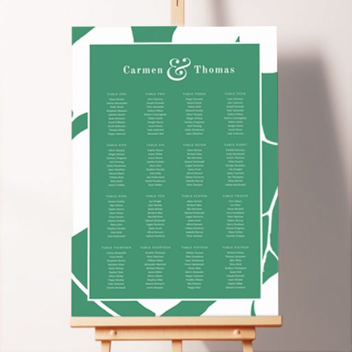 Striking "White on Green" Seating Plan design featuring white flower petals and branches casting a shadow on a vibrant green background, adding a fresh and lively energy to your event.. This template is formatted for 16 tables.