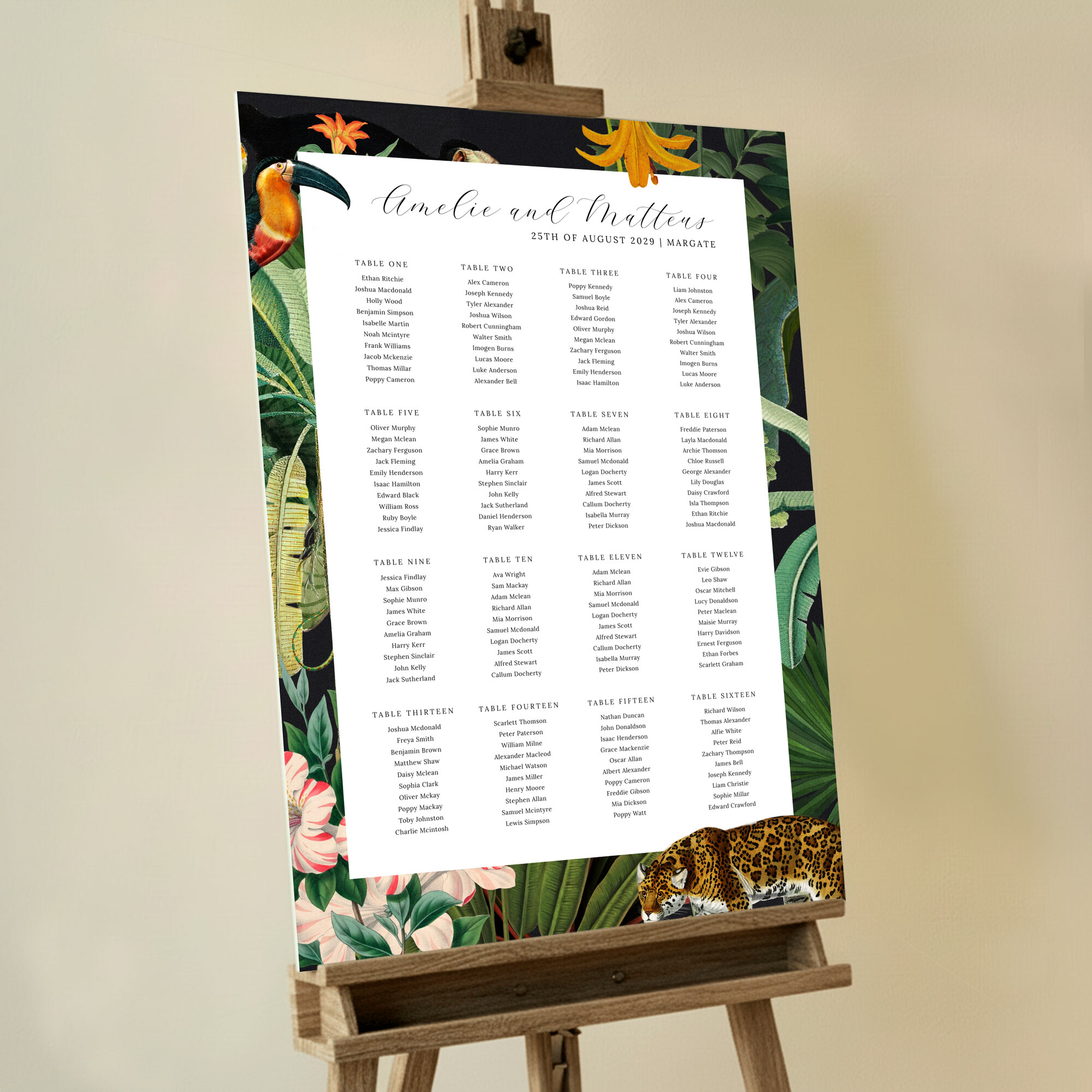 Bespoke Wild Jungle Night Seating Charts featuring a captivating design that masterfully combines dark jungle leaves, toucans, leopards, and monkeys on a dramatic black background, setting the stage for an unforgettable wedding and evoking a sense of adventure and mystery.. This design has 16 tables.