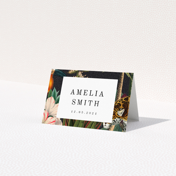 Wild Jungle Night Place Cards - Enchanting Nocturnal Jungle Wedding Place Card Template. This is a view of the front