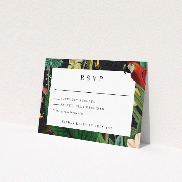 RSVP card template from the Wild Jungle Night suite, showcasing a rich tapestry of jungle flora and fauna against a dark background, capturing the beauty and romance of an evening in the wild for couples seeking an extraordinary celebration immersed in nature's majesty This is a view of the front