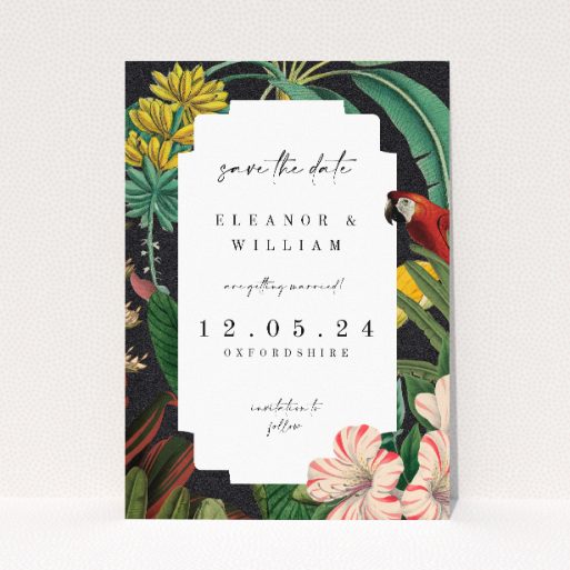 Wild Jungle Night save the date card - A6-sized card featuring vibrant tropical design with lush jungle leaves, yellow blooms, pink flowers, and a scarlet macaw, perfect for announcing your special day This is a view of the front