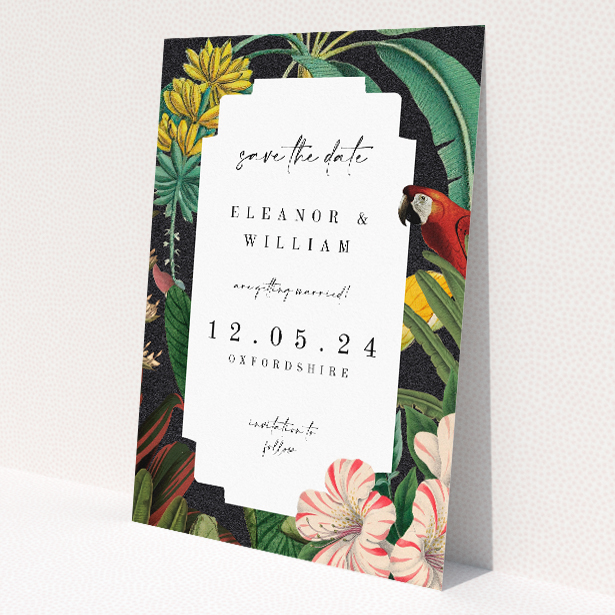 Wild Jungle Night save the date card - A6-sized card featuring vibrant tropical design with lush jungle leaves, yellow blooms, pink flowers, and a scarlet macaw, perfect for announcing your special day This is a view of the back