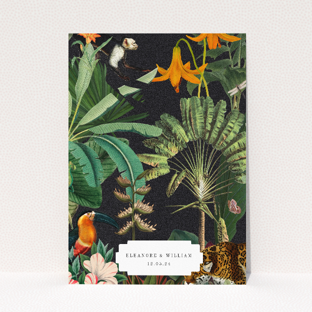 Wild Jungle Night save the date card - A6-sized card featuring vibrant tropical design with lush jungle leaves, yellow blooms, pink flowers, and a scarlet macaw, perfect for announcing your special day This is a view of the back