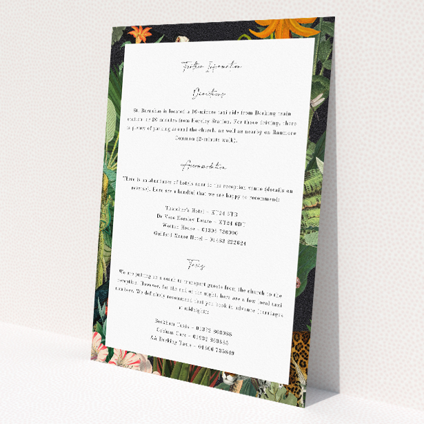 Wild Jungle Night wedding information insert card featuring rich tapestries of flora and fauna against a dark backdrop. This is a view of the front