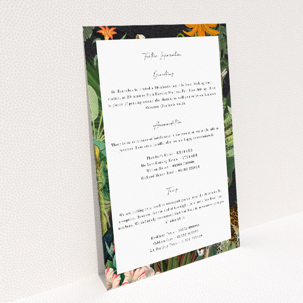 Wild Jungle Night wedding information insert card featuring rich tapestries of flora and fauna against a dark backdrop. This image shows the front and back sides together