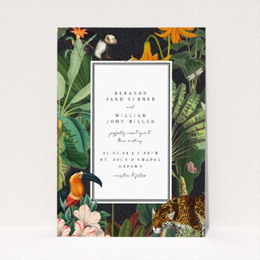 "Wild Jungle Night wedding invitation featuring a nocturnal jungle scene with vibrant flora and fauna, including a leopard and tropical birds against a dark background, evoking the allure and romance of an evening celebration in the wild.". This is a view of the front
