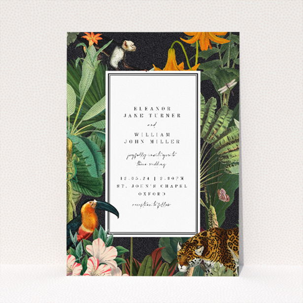 "Wild Jungle Night wedding invitation featuring a nocturnal jungle scene with vibrant flora and fauna, including a leopard and tropical birds against a dark background, evoking the allure and romance of an evening celebration in the wild.". This is a view of the front