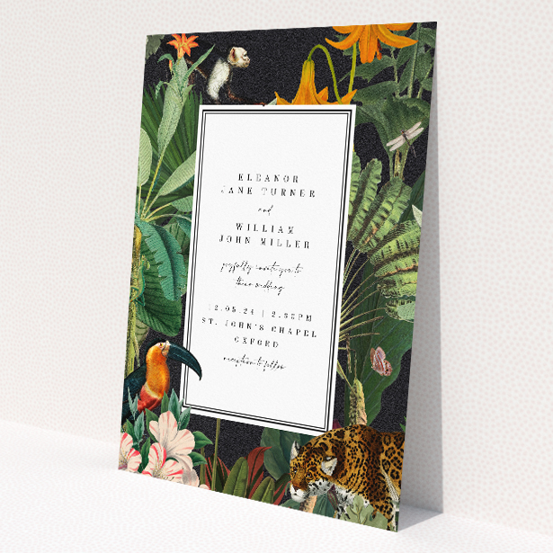 'Wild Jungle Night wedding invitation featuring a nocturnal jungle scene with vibrant flora and fauna, including a leopard and tropical birds against a dark background, evoking the allure and romance of an evening celebration in the wild.'. This is a view of the front
