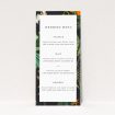 "Wild Jungle Night wedding menu template - Embrace the mysterious elegance of the nocturnal jungle with vibrant greens, oranges, and reds, inviting guests to an extraordinary dining experience amidst untamed beauty.". This is a view of the front