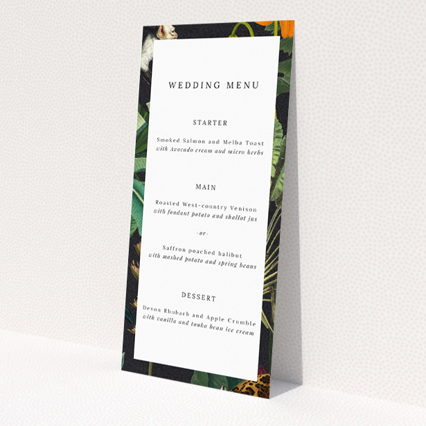 'Wild Jungle Night wedding menu template - Embrace the mysterious elegance of the nocturnal jungle with vibrant greens, oranges, and reds, inviting guests to an extraordinary dining experience amidst untamed beauty.'. This is a view of the front