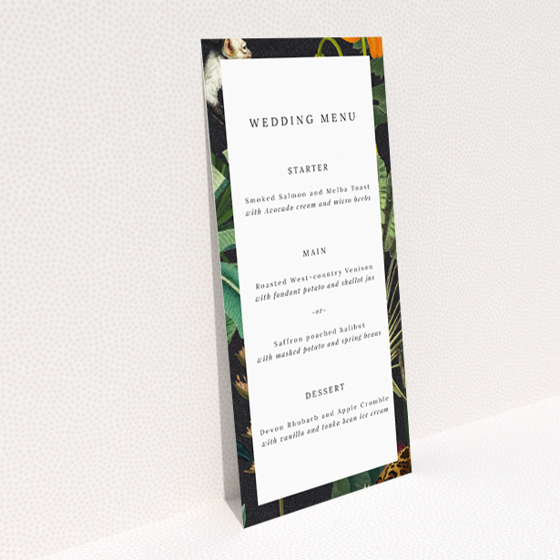 "Wild Jungle Night wedding menu template - Embrace the mysterious elegance of the nocturnal jungle with vibrant greens, oranges, and reds, inviting guests to an extraordinary dining experience amidst untamed beauty.". This is a view of the back