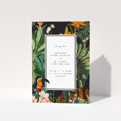 Exotic Wild Jungle Night Wedding Order of Service Booklet with Lush Tropical Scene and Wildlife Illustrations. This is a view of the front