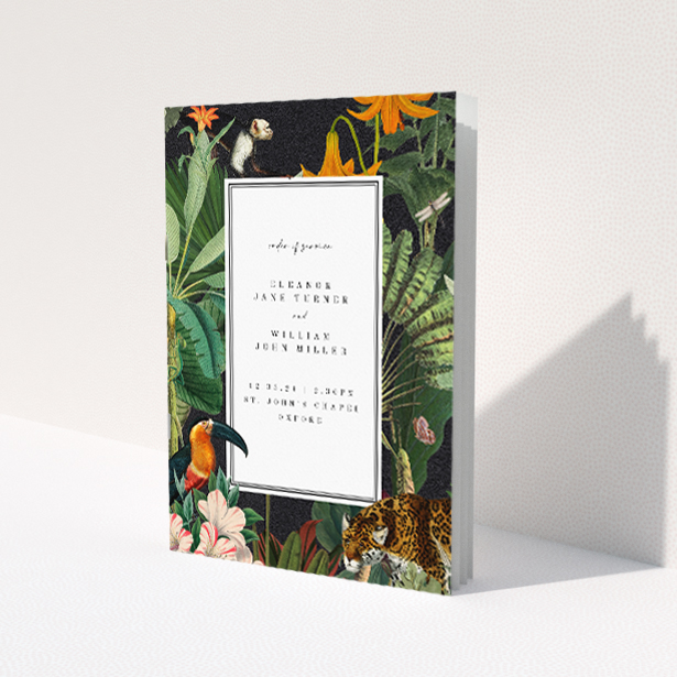 Exotic Wild Jungle Night Wedding Order of Service Booklet with Lush Tropical Scene and Wildlife Illustrations. This image shows the front and back sides together
