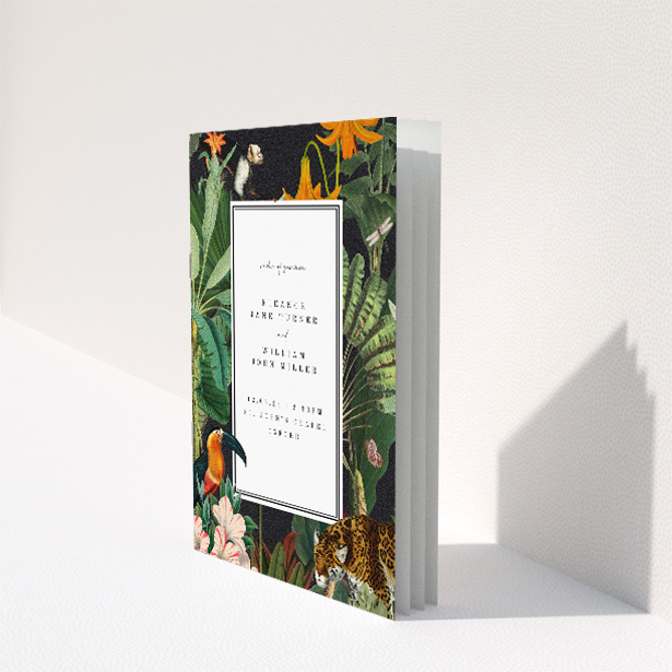 Exotic Wild Jungle Night Wedding Order of Service Booklet with Lush Tropical Scene and Wildlife Illustrations. This image shows the front and back sides together