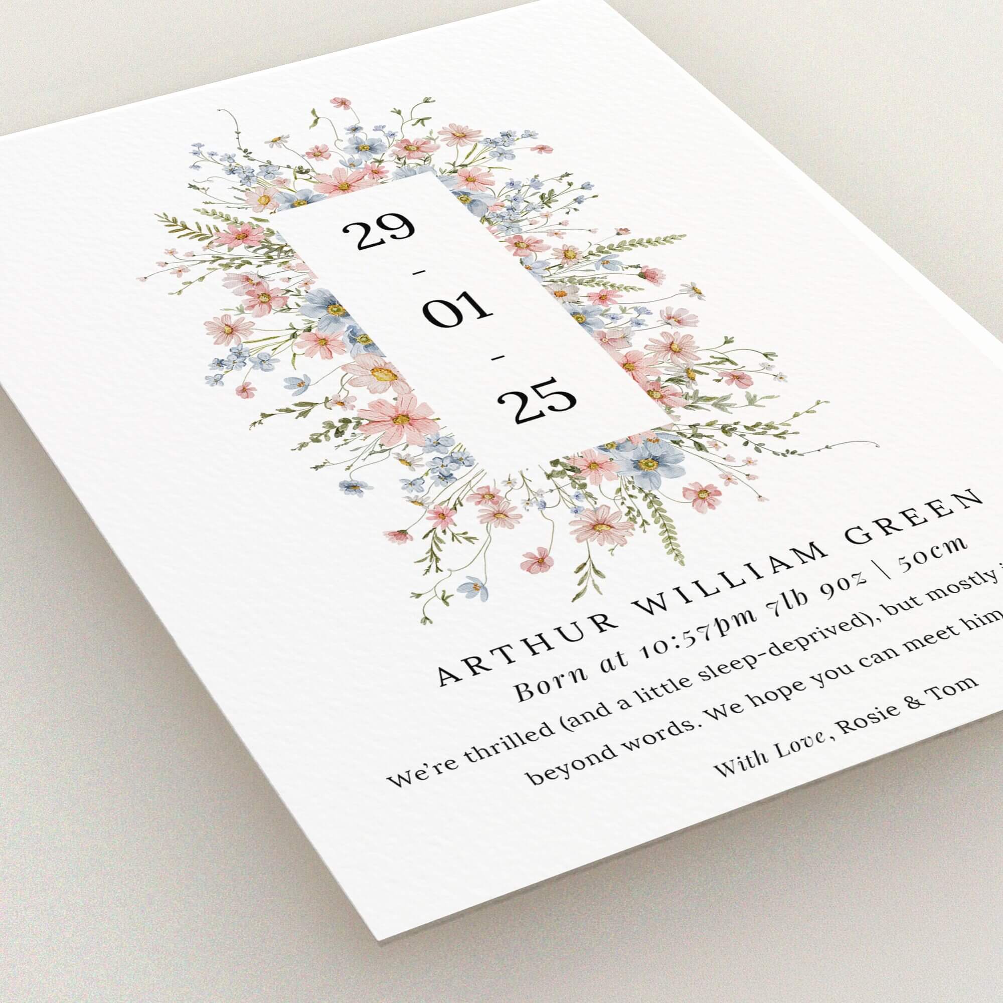 Floral birth announcement card design with no photos, featuring elegant text and botanical illustrations.