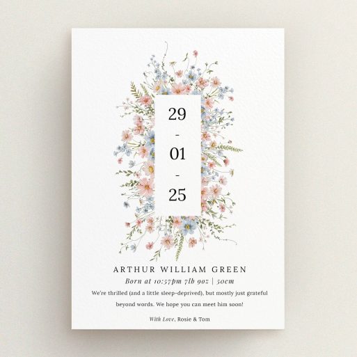 Floral birth announcement card design with no photos, featuring elegant text and botanical illustrations.