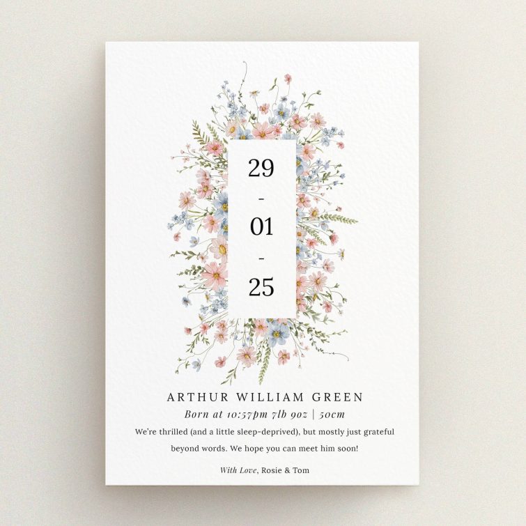 Floral birth announcement card design with no photos, featuring elegant text and botanical illustrations.