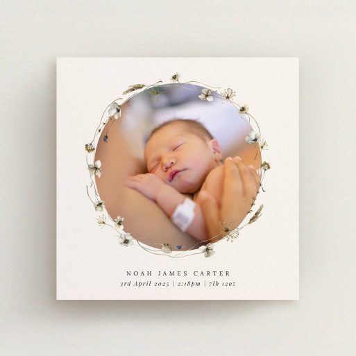 Floral birth announcement card design with one photo of a newborn baby.